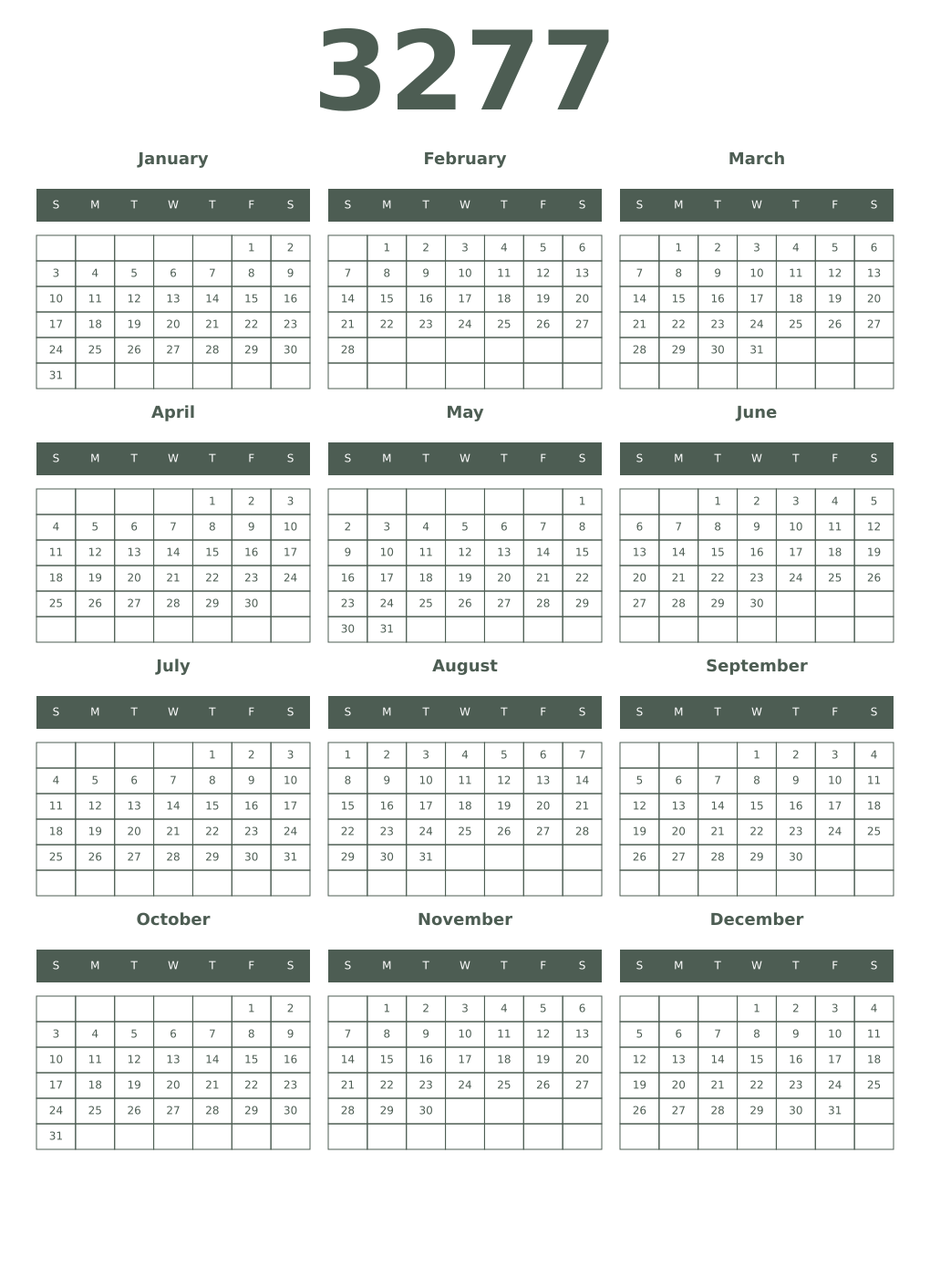 Printable 3277 Year Calendars feldgrau