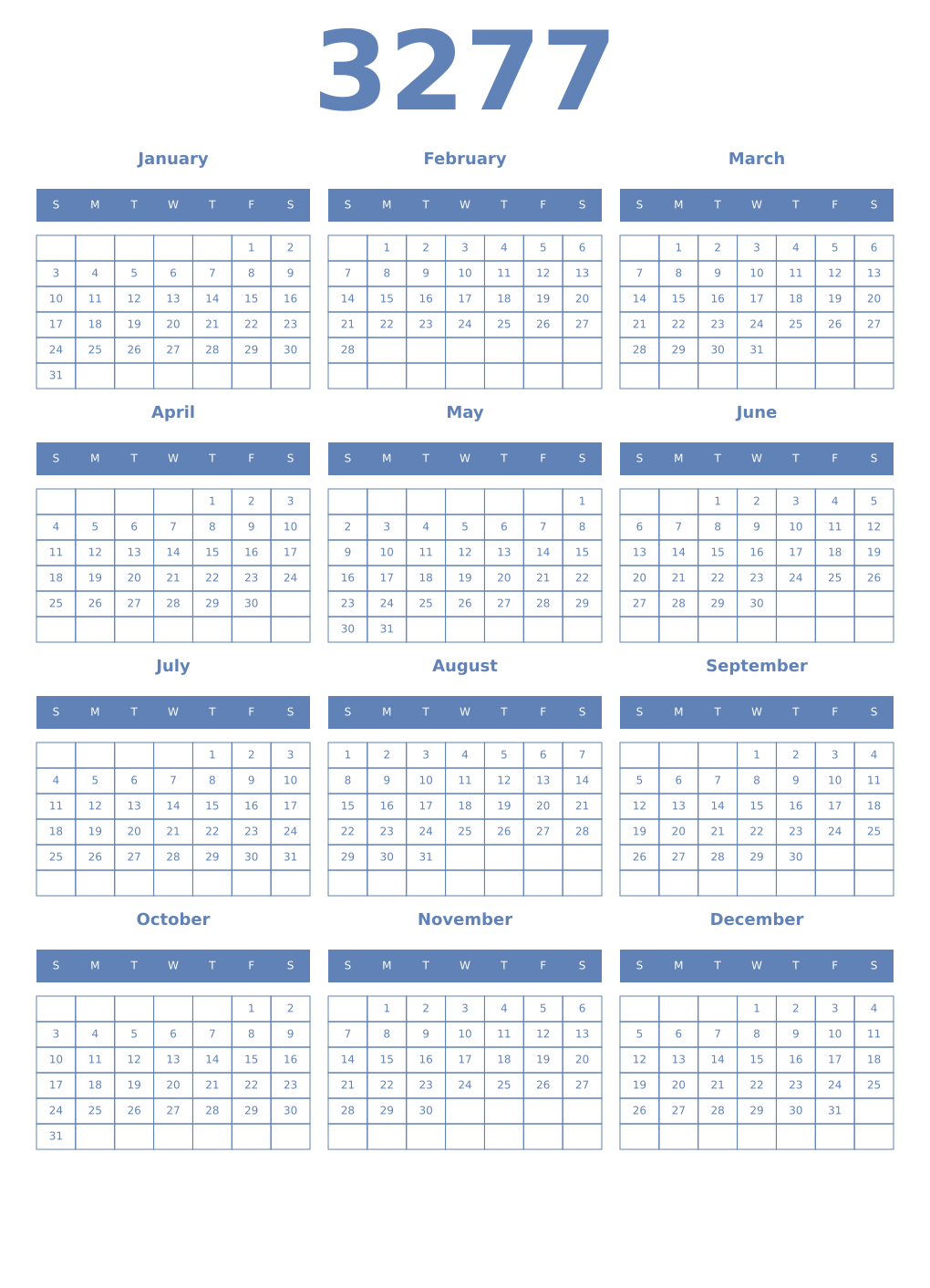 Printable 3277 Year Calendars glaucous