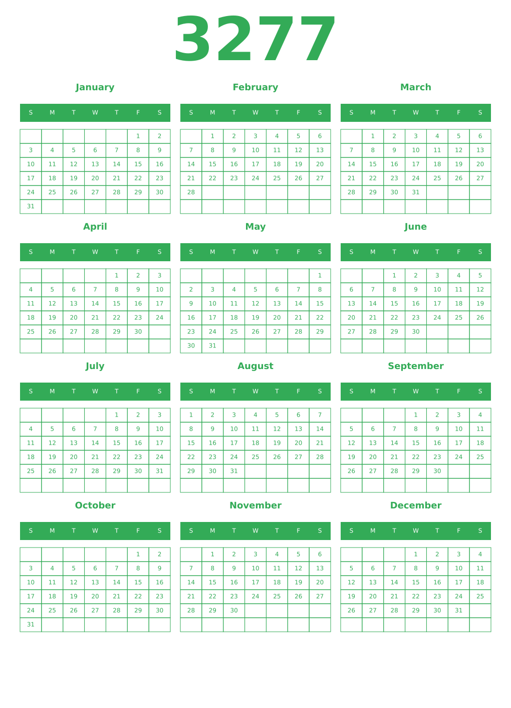 Printable 3277 Year Calendars green