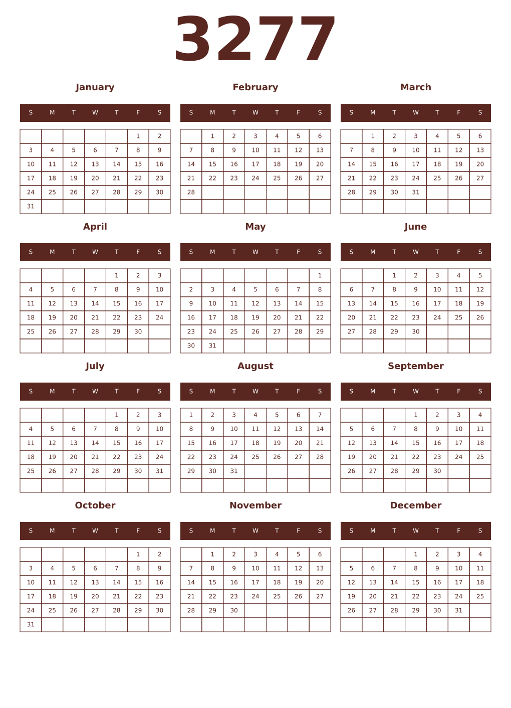 Printable 3277 Year Calendars mortuum