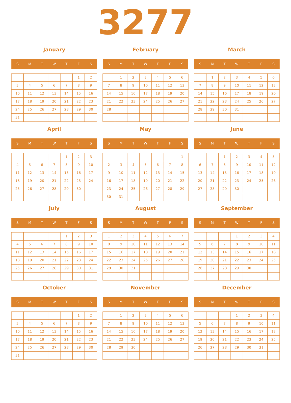 Printable 3277 Year Calendars orange