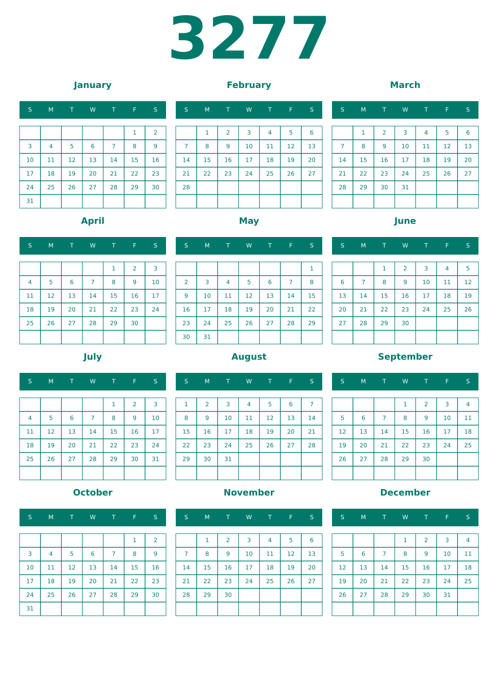 Printable 3277 Year Calendars pastel