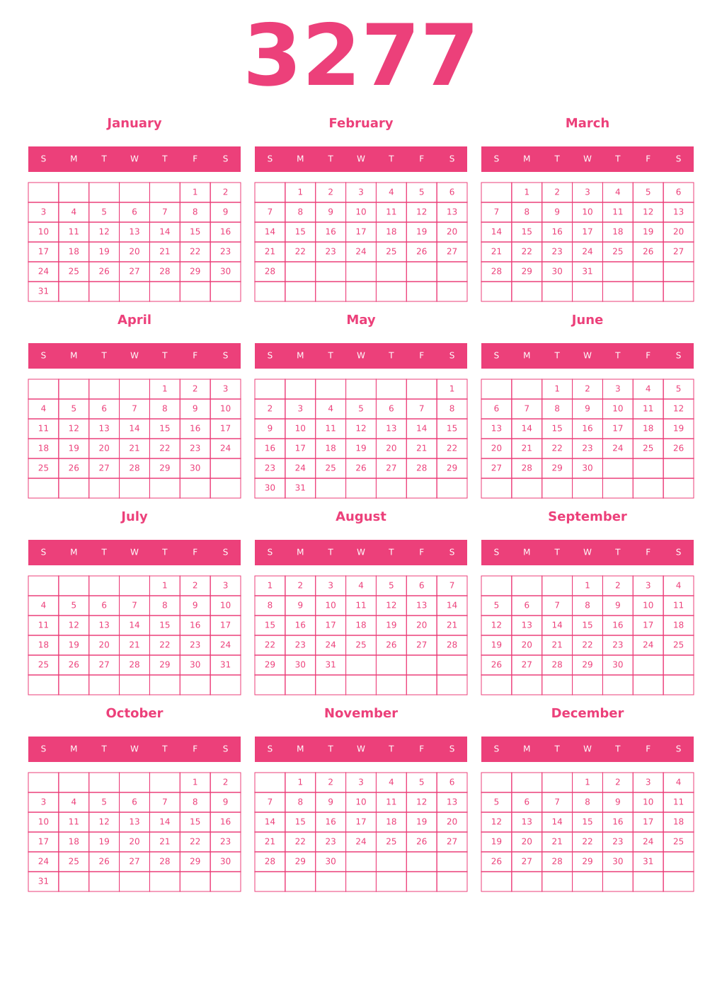 Printable 3277 Year Calendars pink