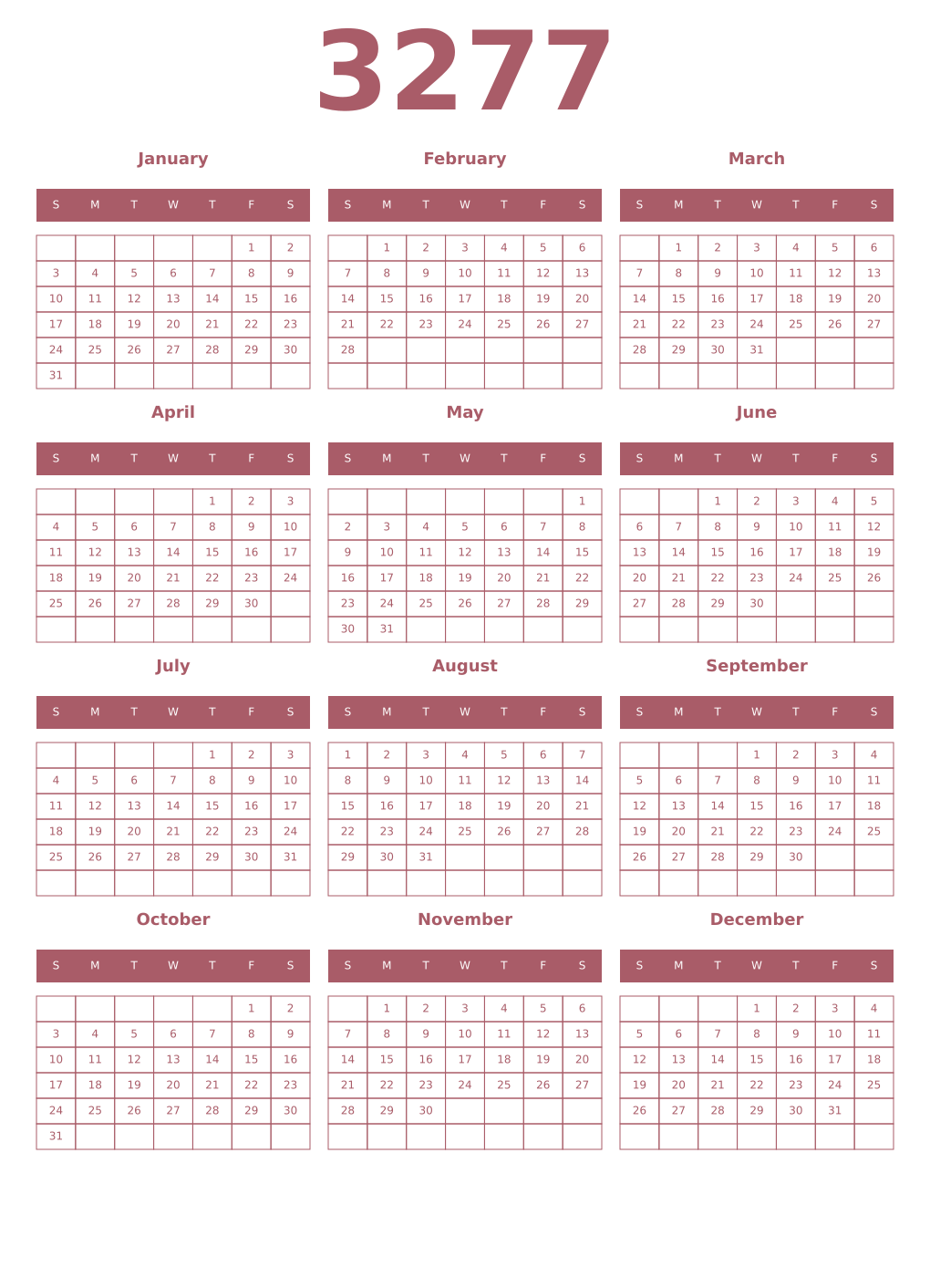 Printable 3277 Year Calendars puce