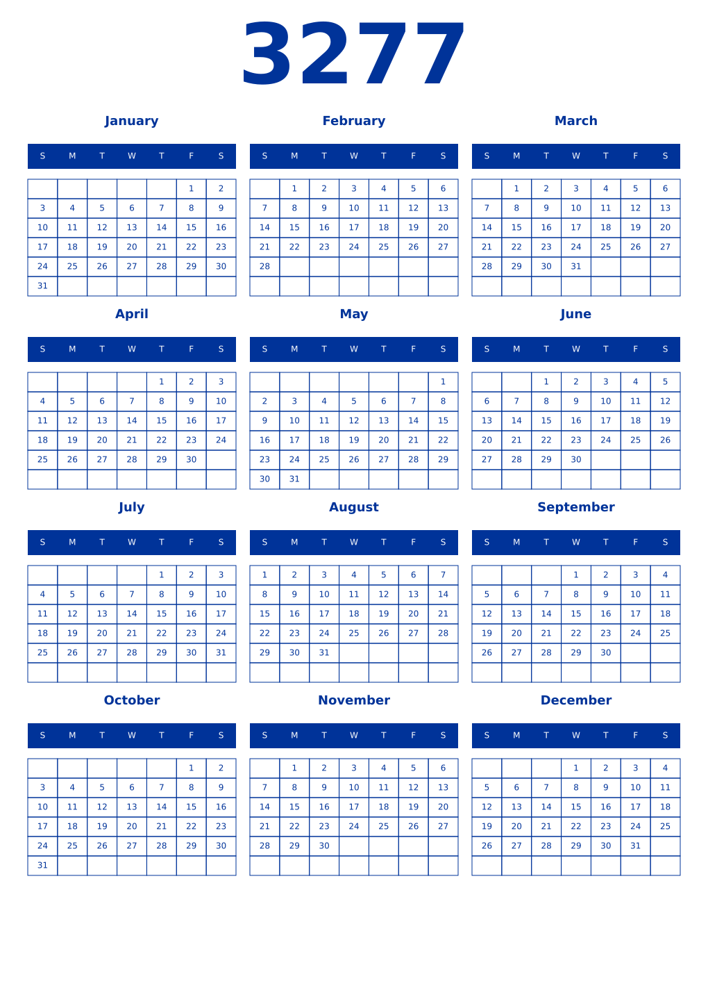 Printable 3277 Year Calendars smalt