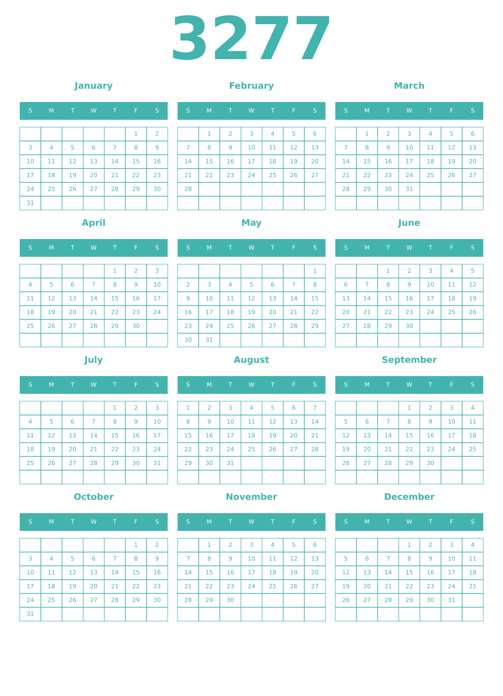 Printable 3277 Year Calendars verdigris