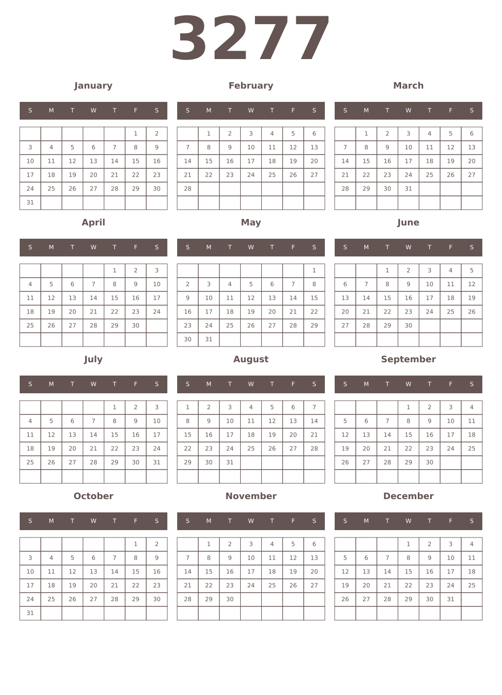 Printable 3277 Year Calendars wenge