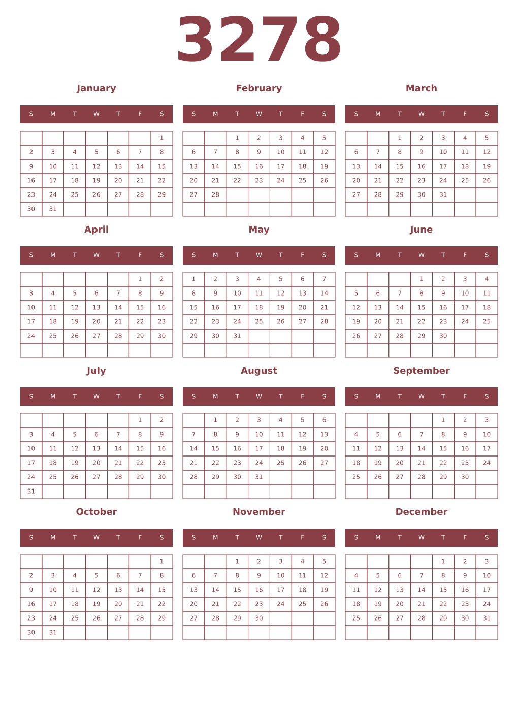 Printable 3278 Year Calendars cordovan