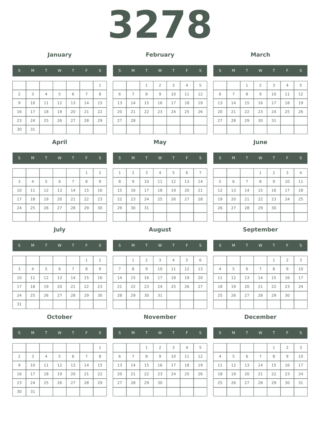 Printable 3278 Year Calendars feldgrau
