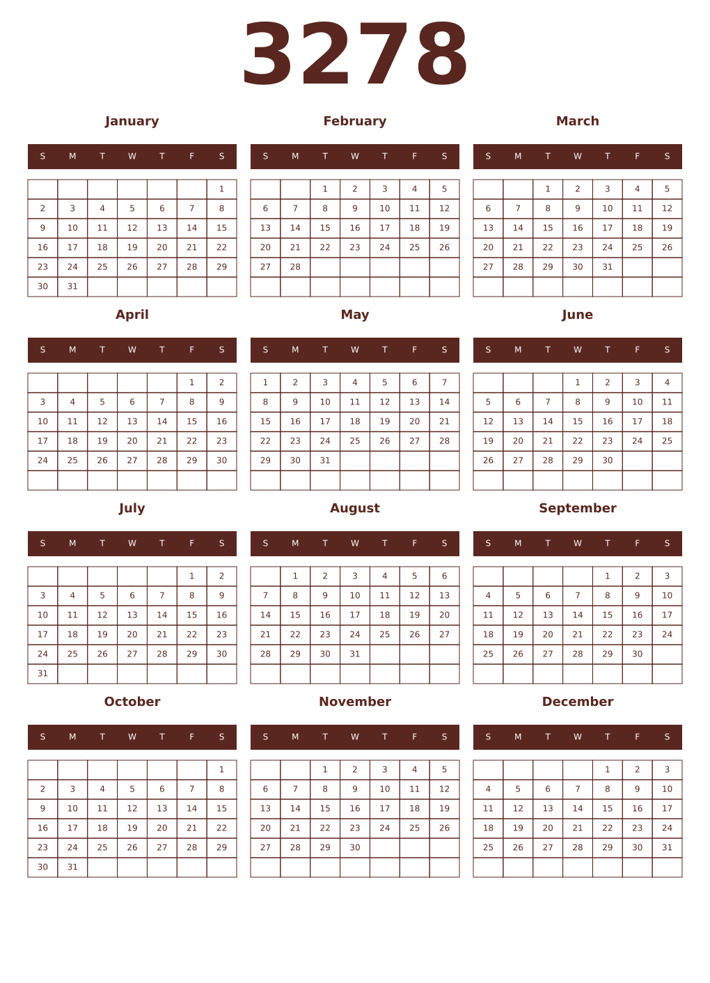 Printable 3278 Year Calendars mortuum