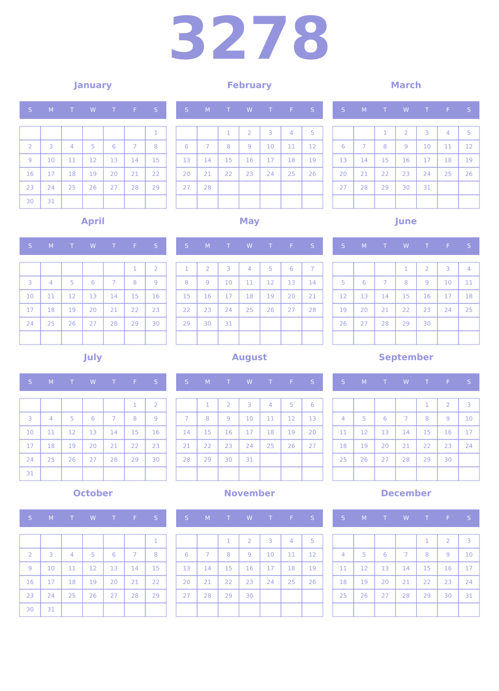 Printable 3278 Year Calendars periwinkle