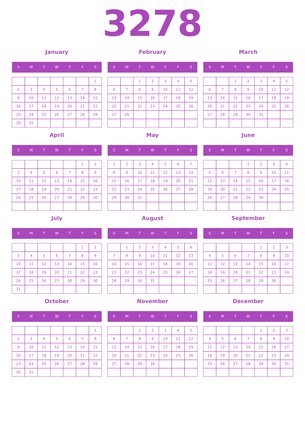 Printable 3278 Year Calendars purple