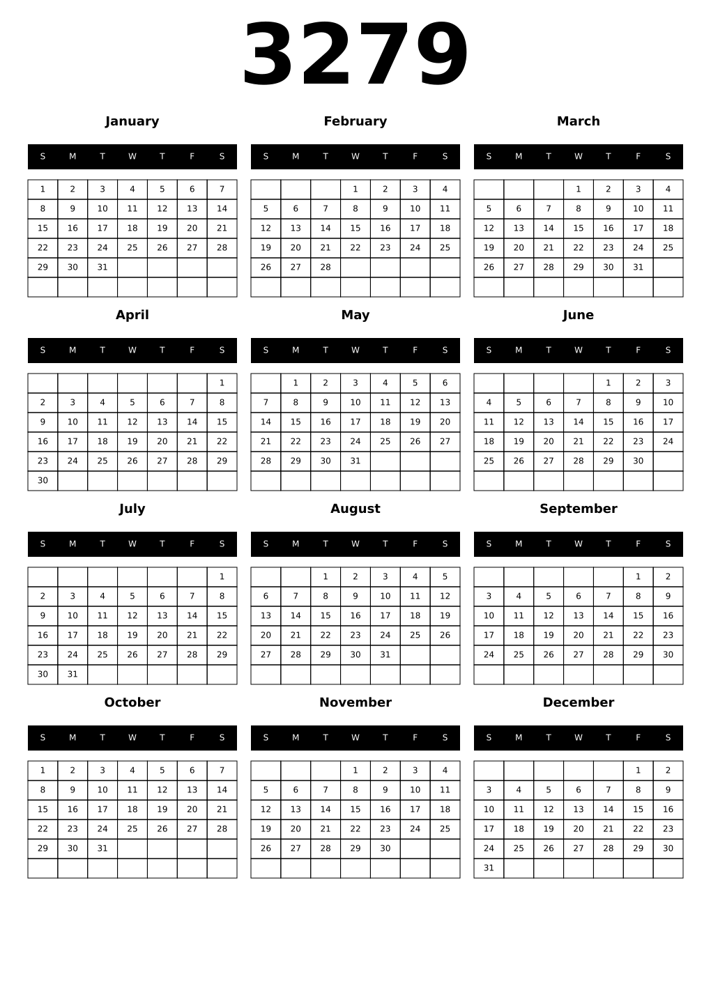 Printable 3279 Year Calendars black