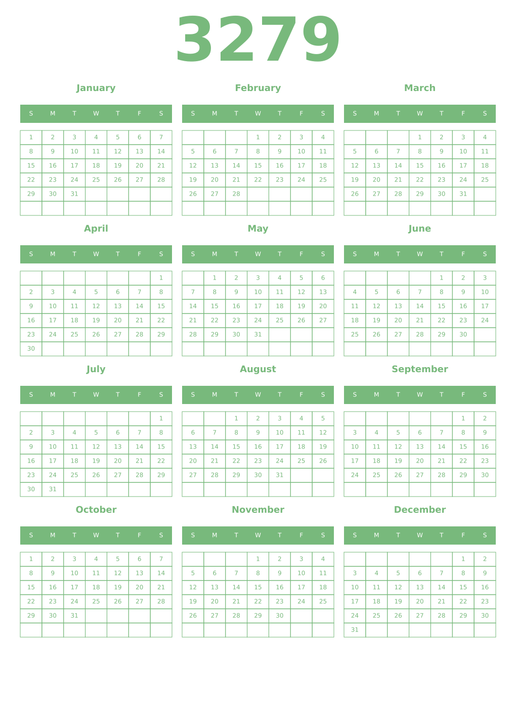 Printable 3279 Year Calendars celadon