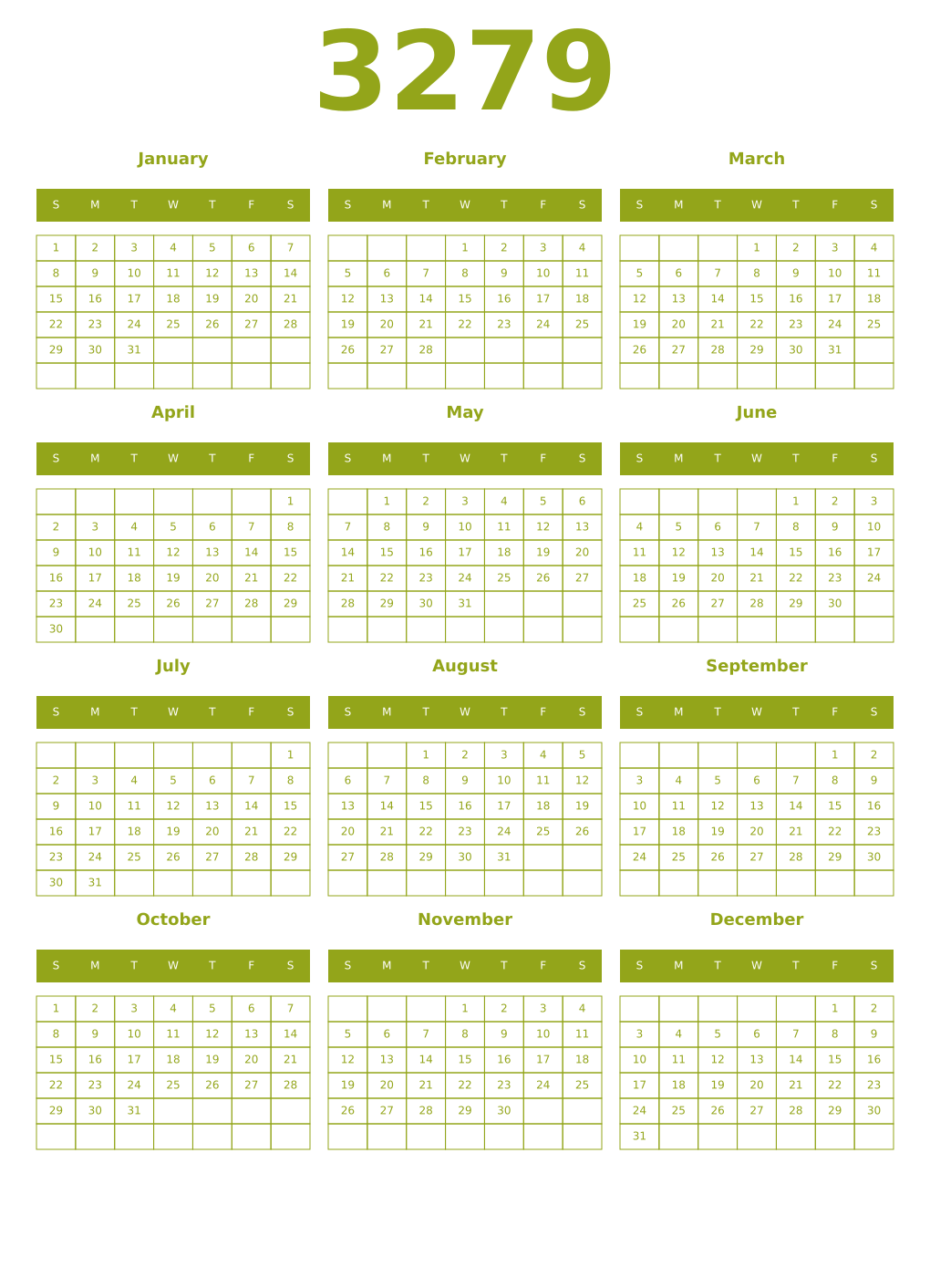 Printable 3279 Year Calendars chartreuse