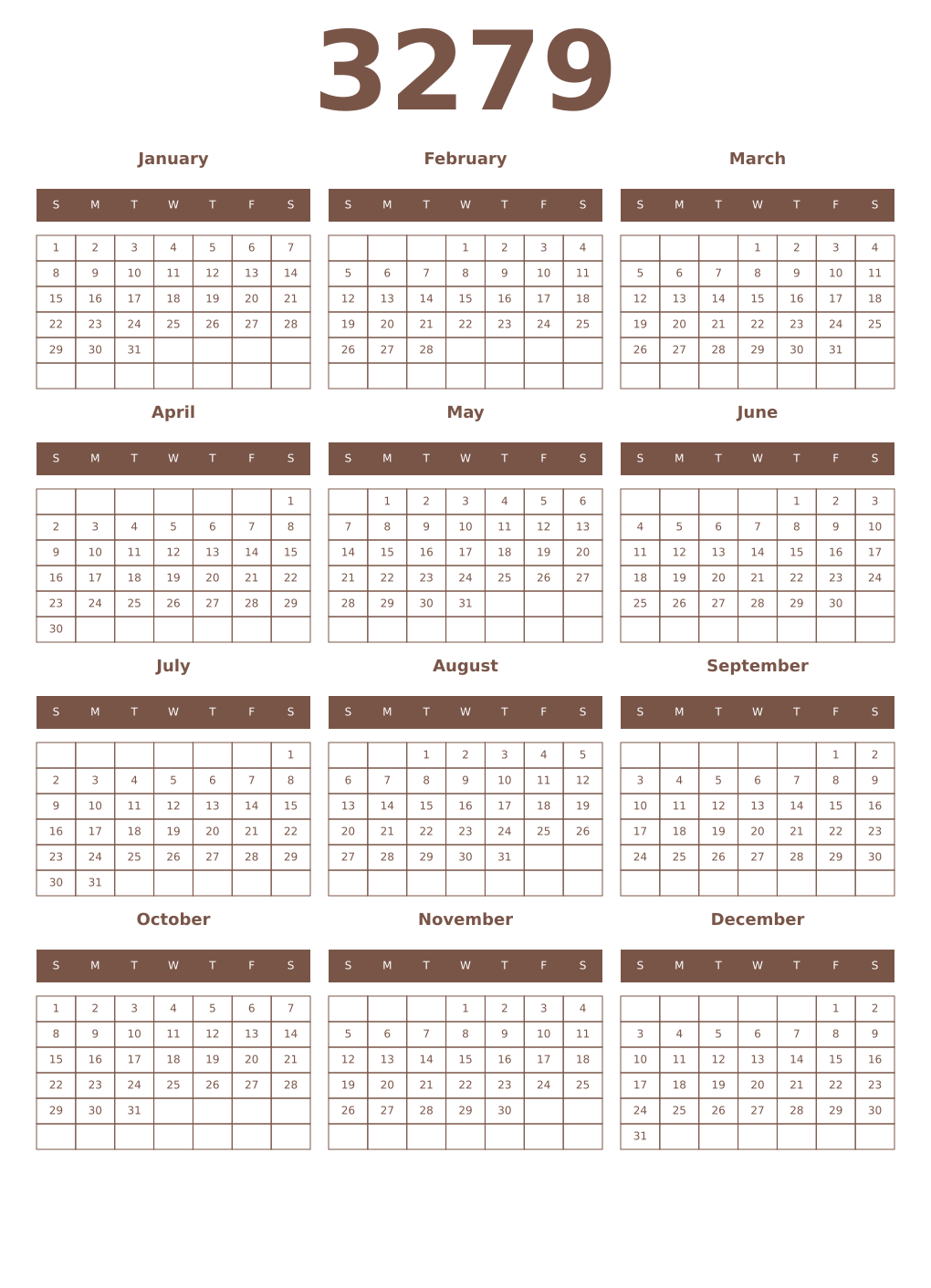 Printable 3279 Year Calendars coffe