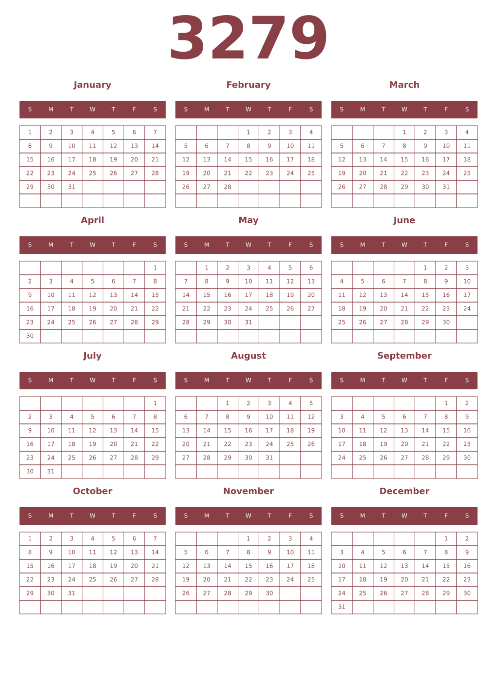 Printable 3279 Year Calendars cordovan