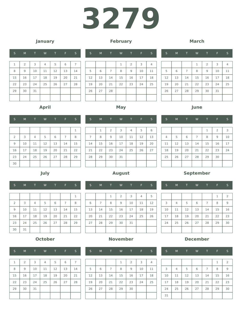 Printable 3279 Year Calendars feldgrau