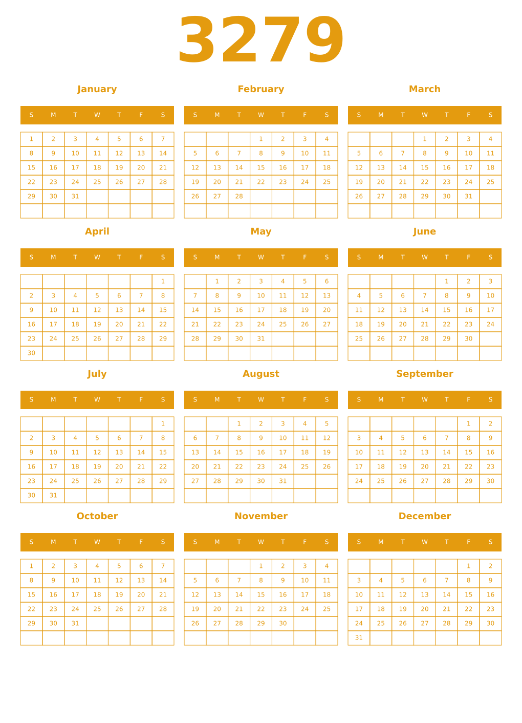 Printable 3279 Year Calendars gamboge