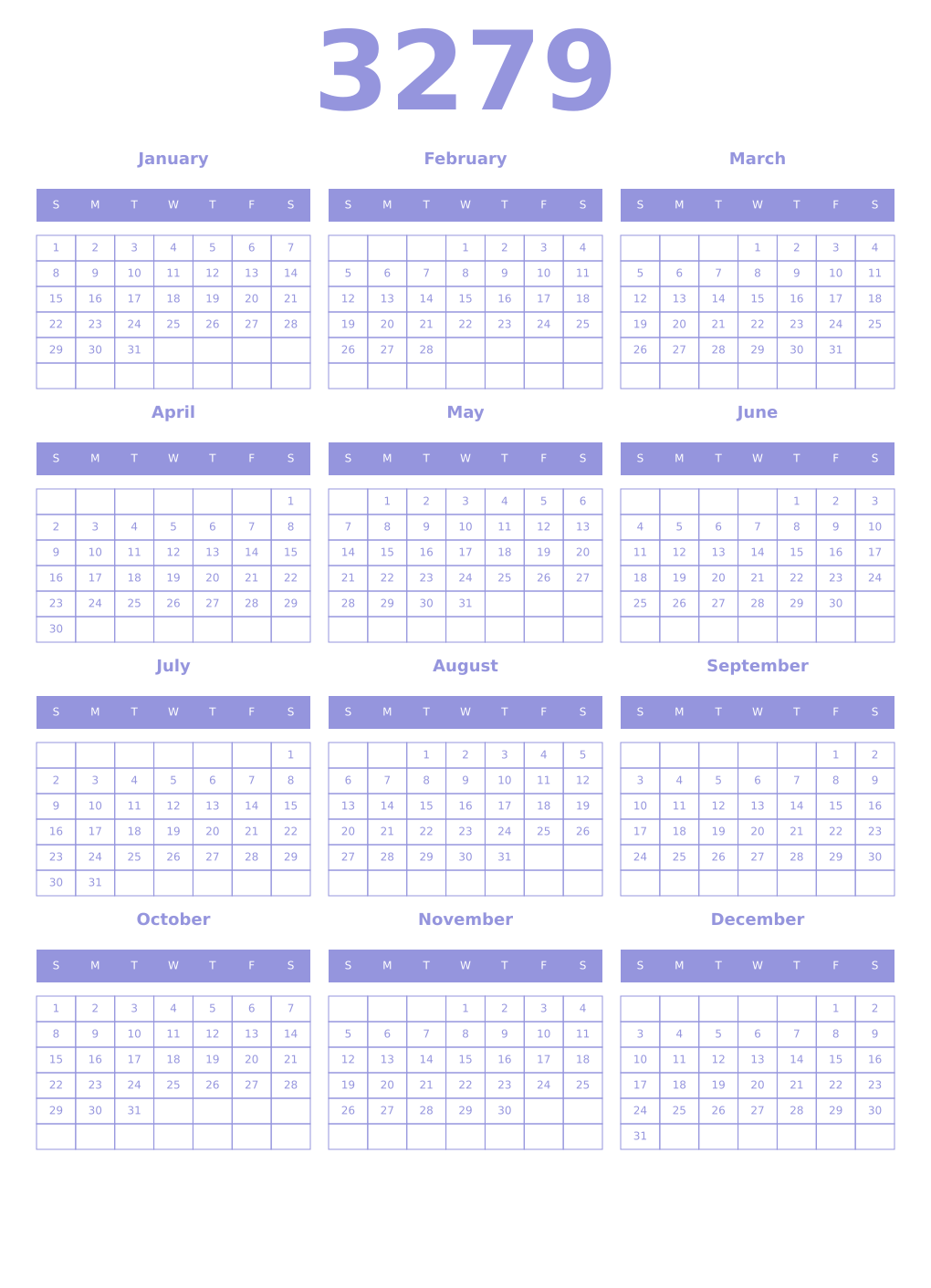 Printable 3279 Year Calendars periwinkle