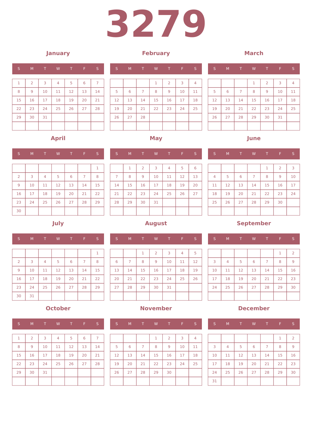 Printable 3279 Year Calendars puce