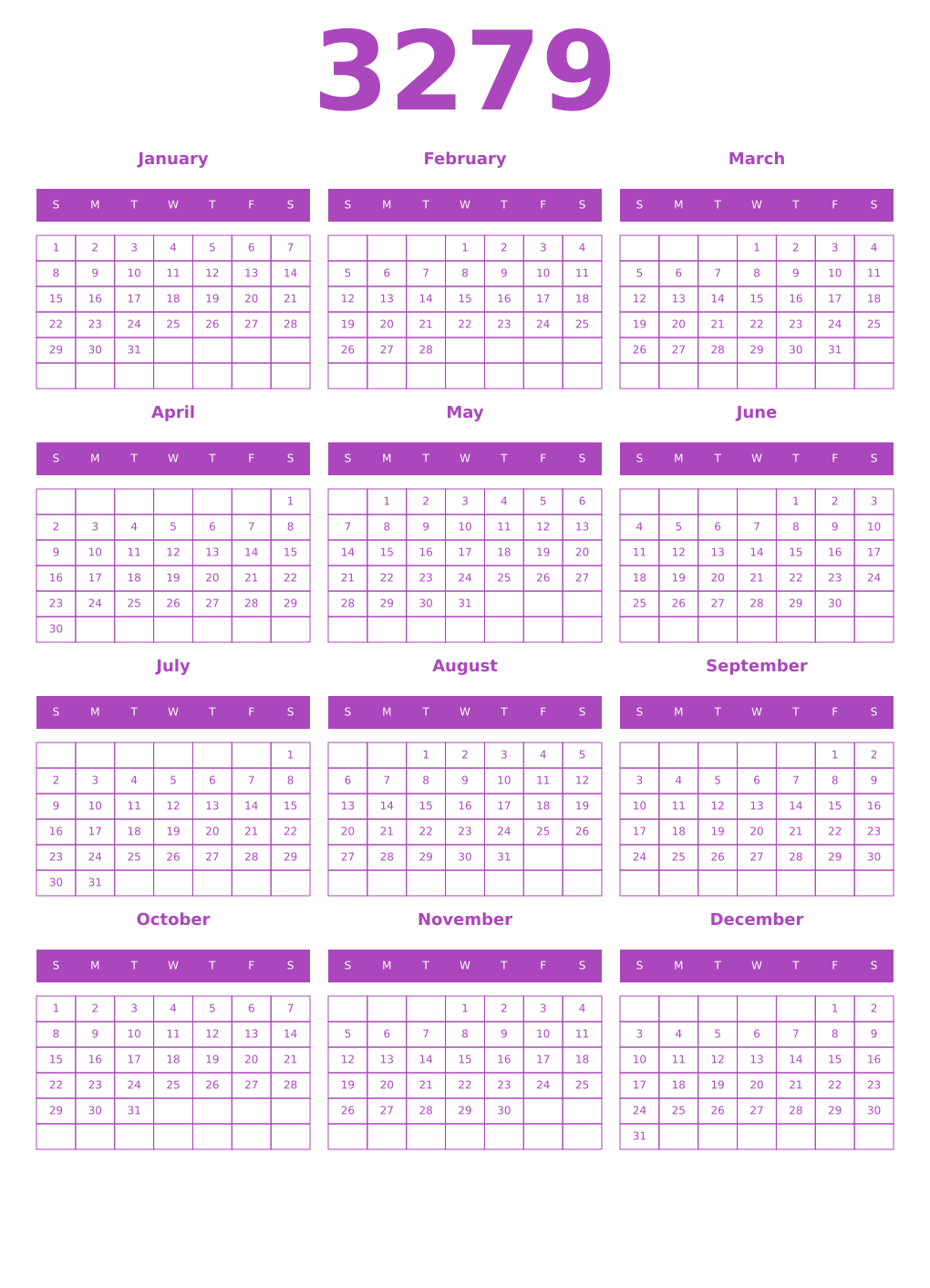Printable 3279 Year Calendars purple