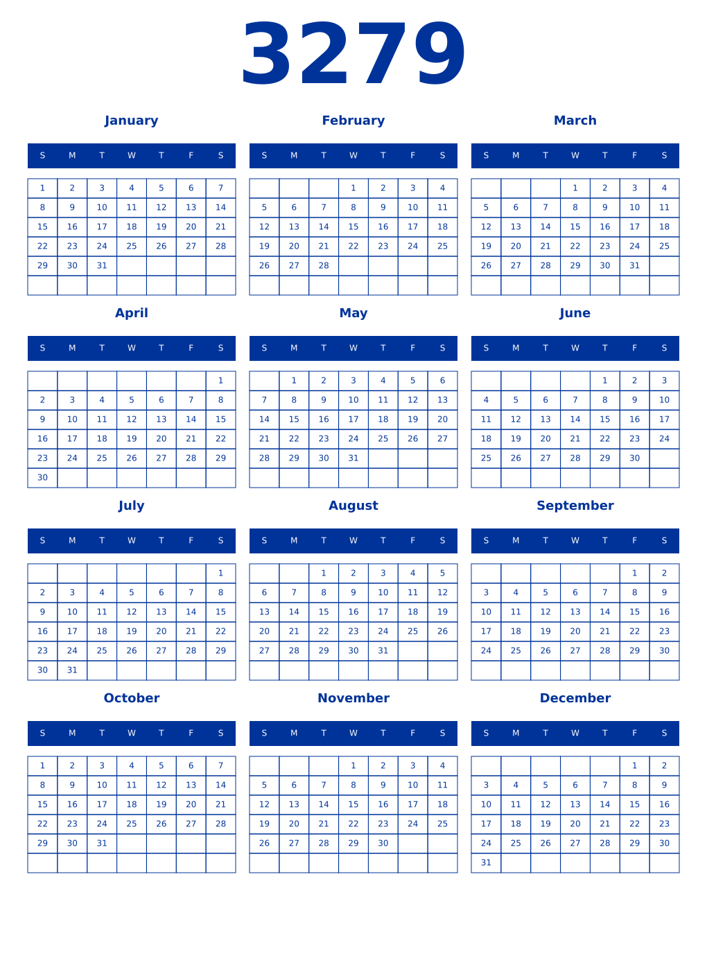 Printable 3279 Year Calendars smalt