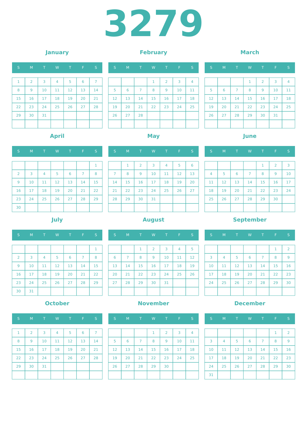 Printable 3279 Year Calendars verdigris