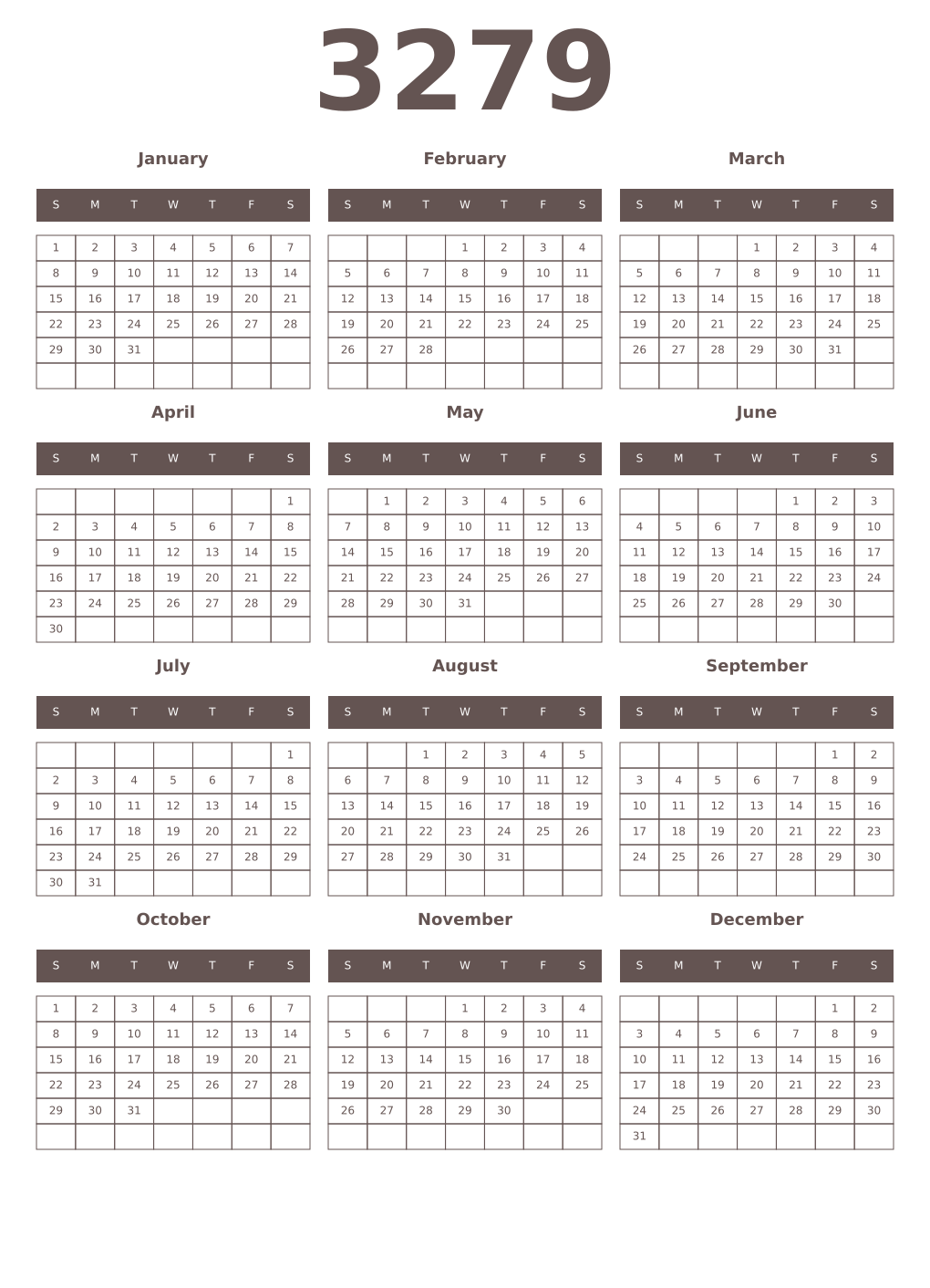Printable 3279 Year Calendars wenge
