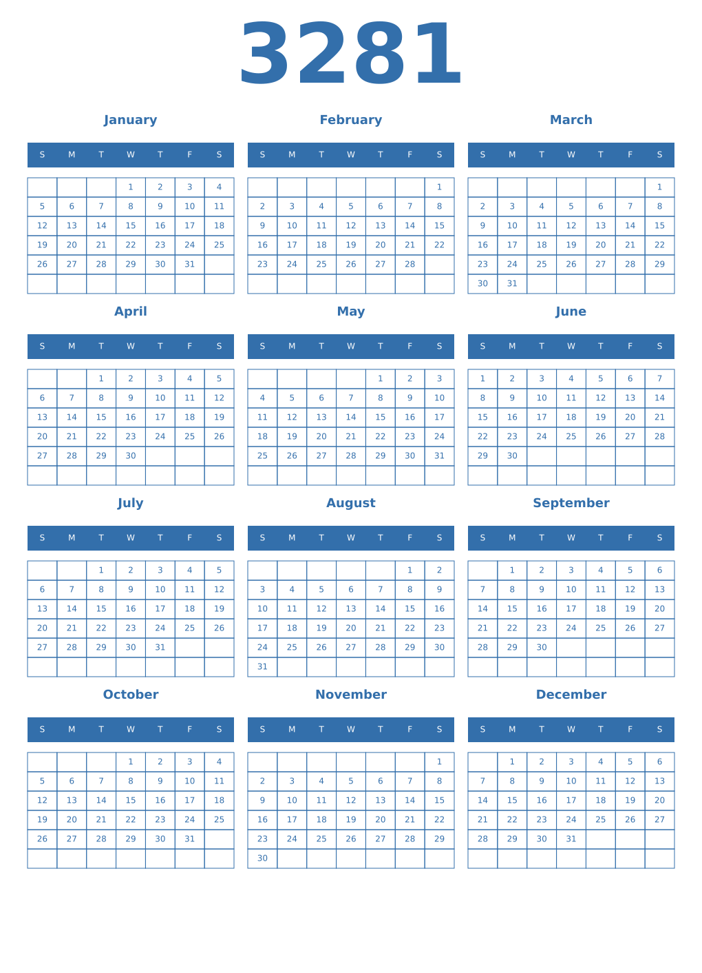 Printable 3281 Year Calendars blue
