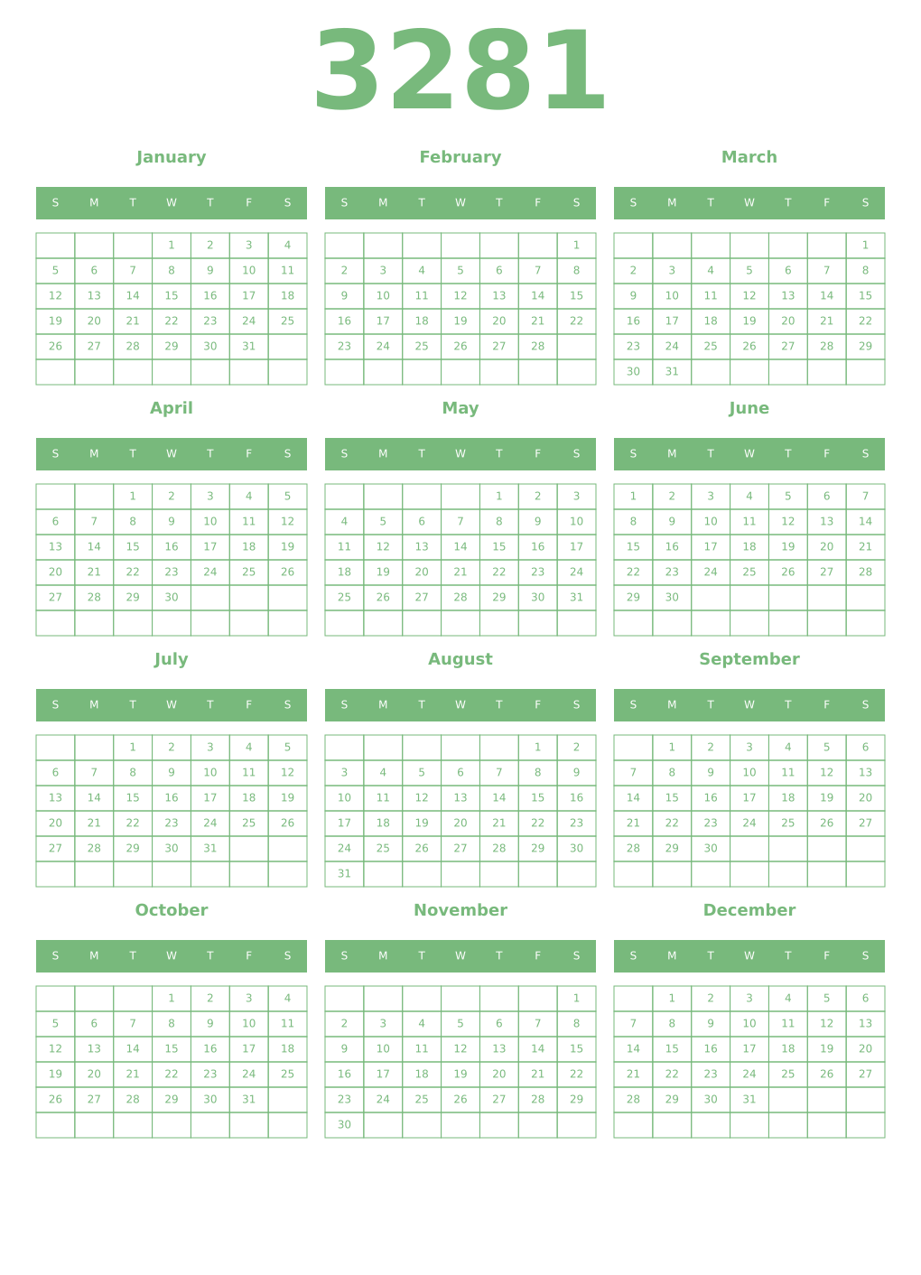 Printable 3281 Year Calendars celadon