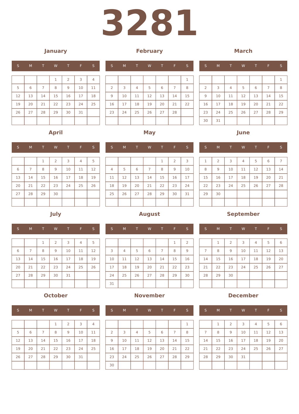 Printable 3281 Year Calendars coffe