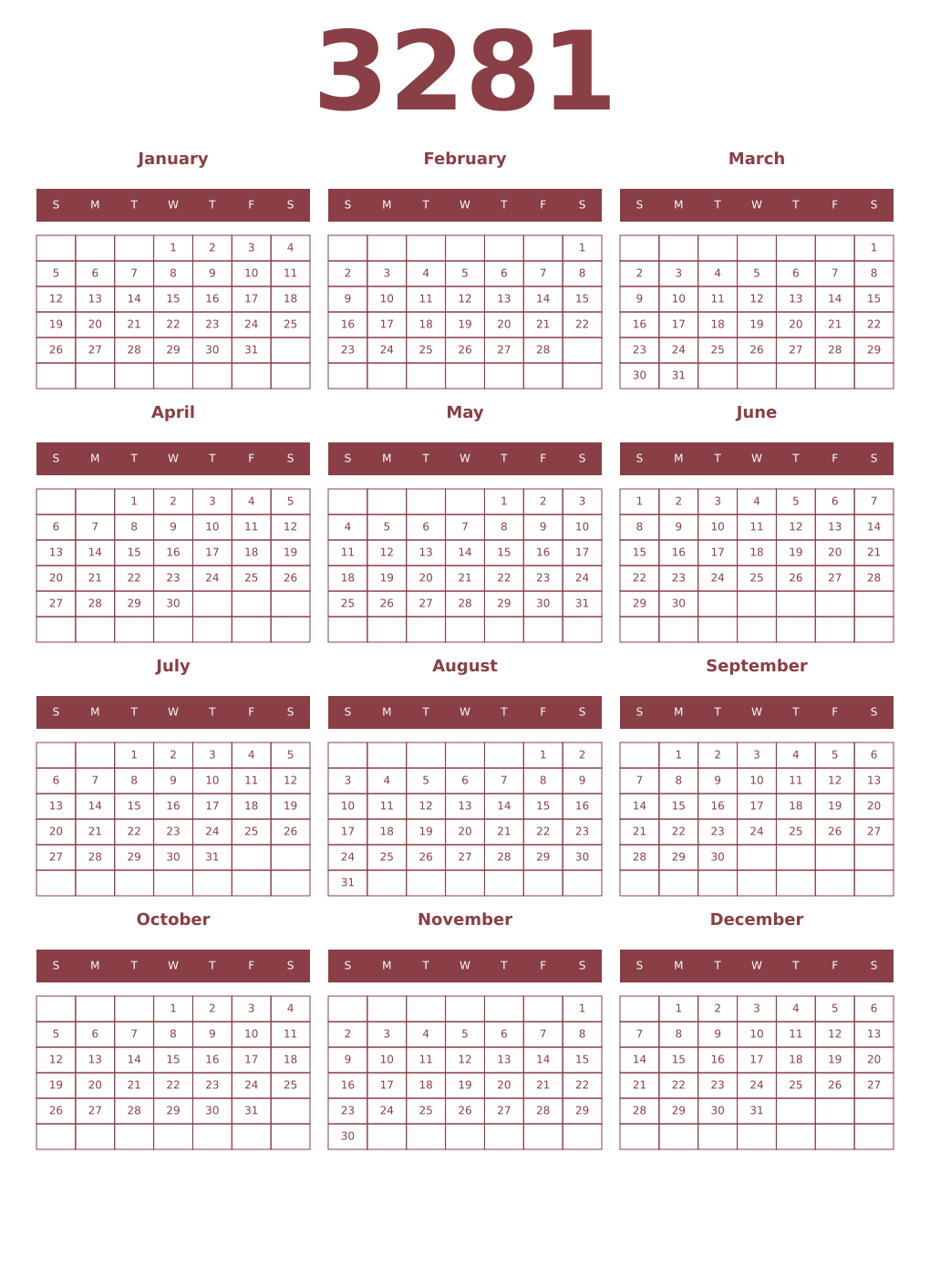 Printable 3281 Year Calendars cordovan