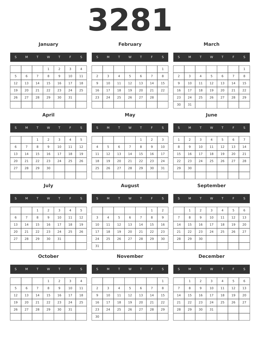 Printable 3281 Year Calendars dark