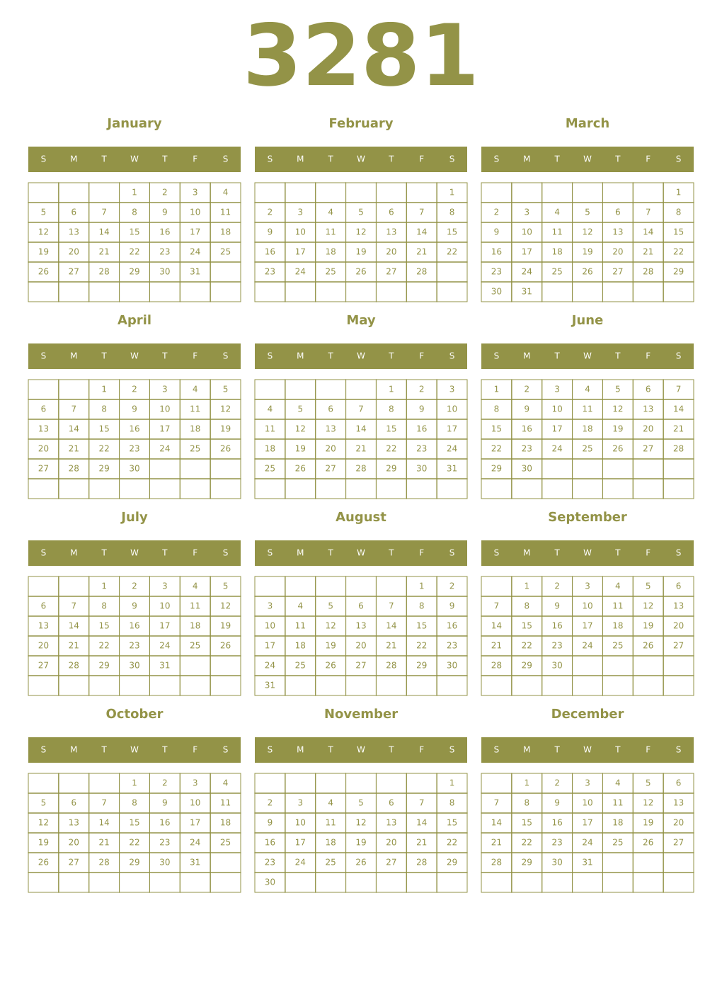 Printable 3281 Year Calendars eburnean