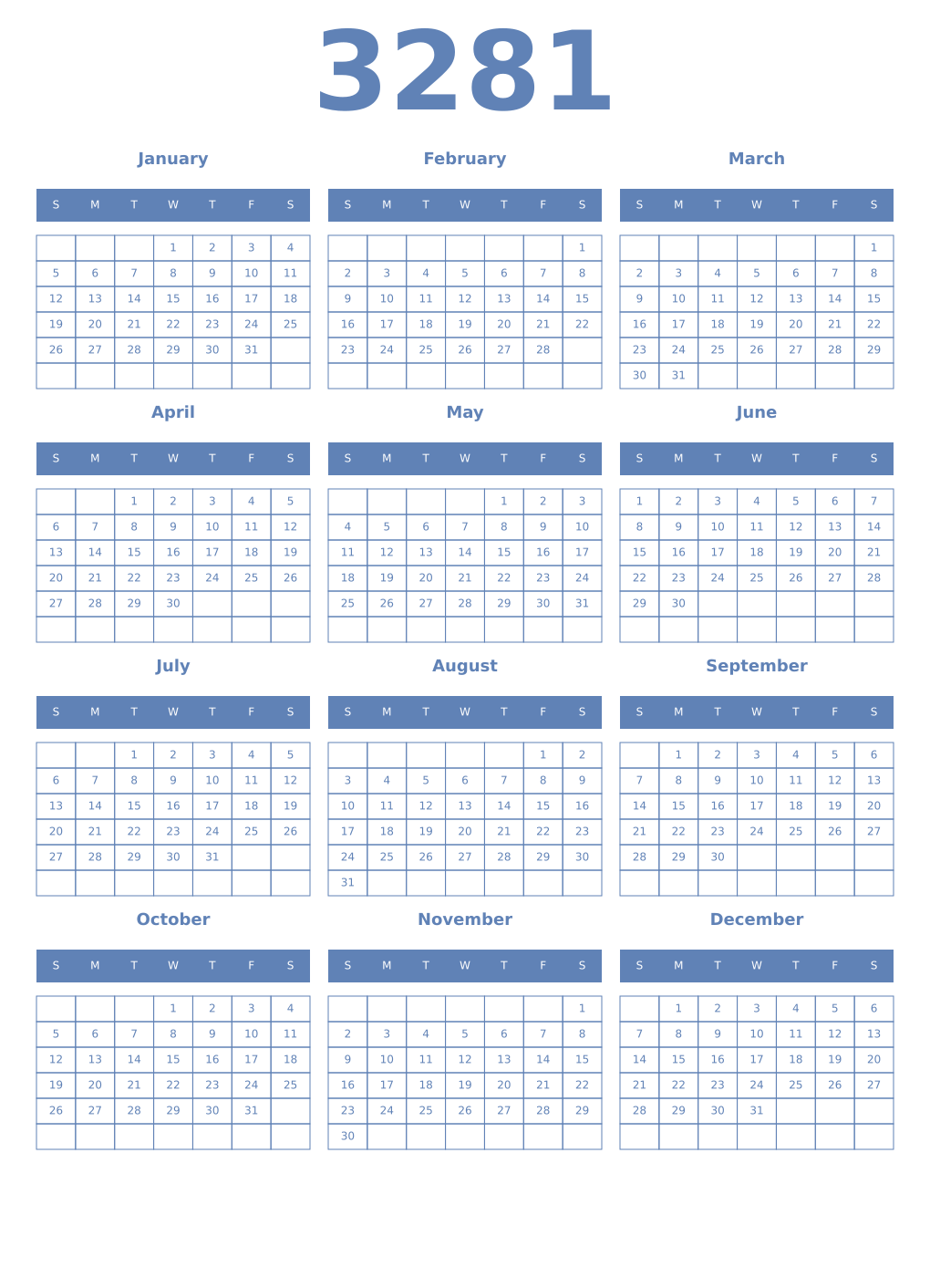 Printable 3281 Year Calendars glaucous