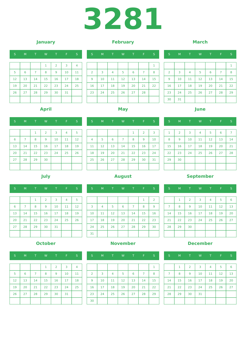 Printable 3281 Year Calendars green