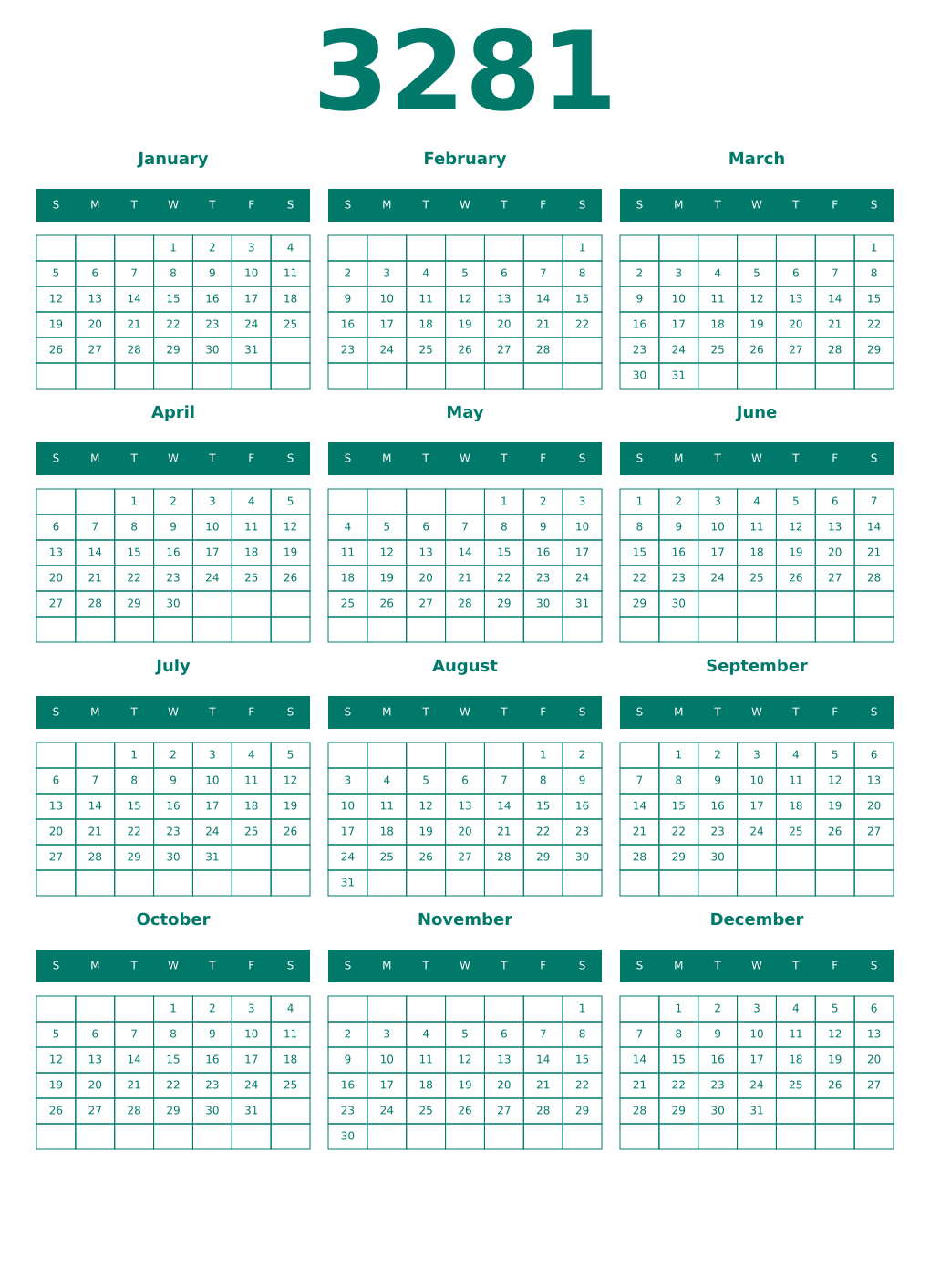 Printable 3281 Year Calendars pastel