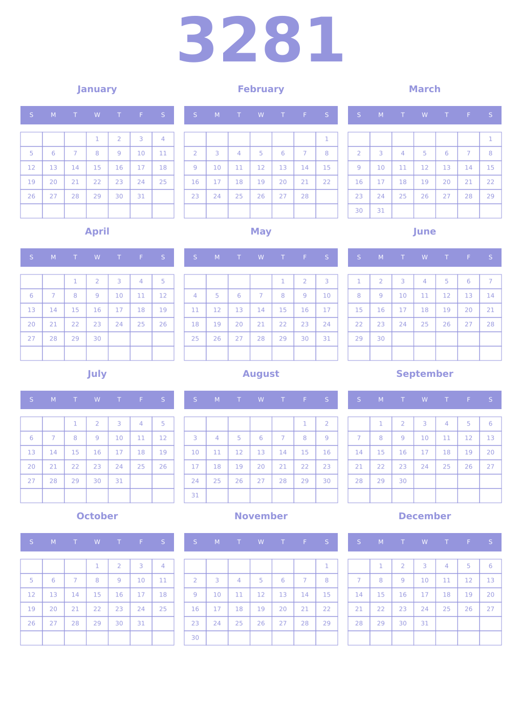 Printable 3281 Year Calendars periwinkle