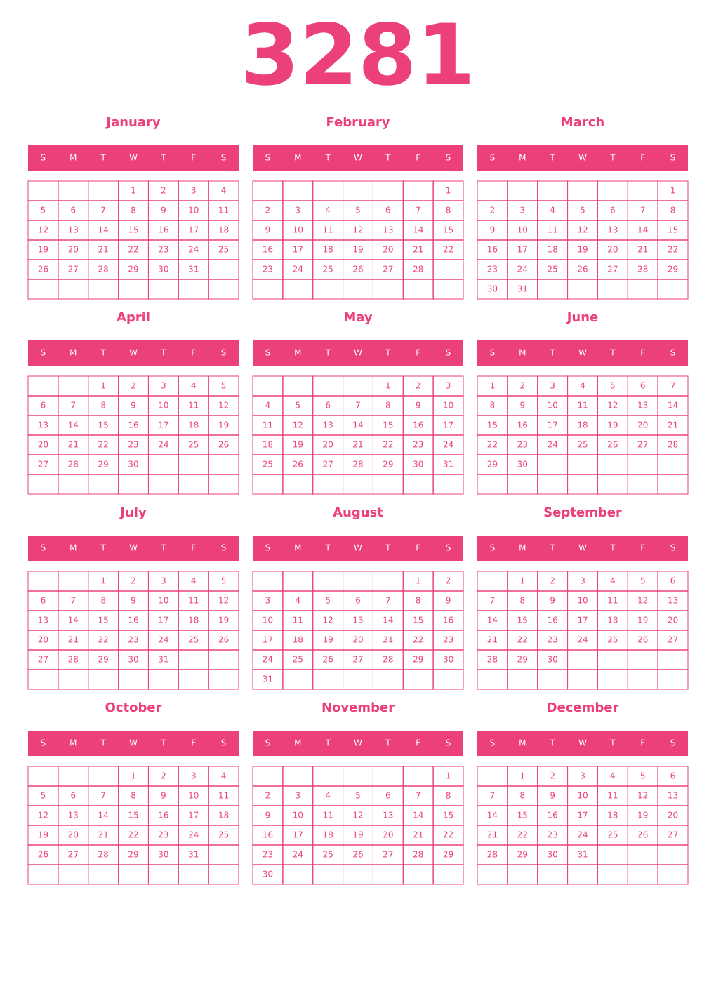 Printable 3281 Year Calendars pink