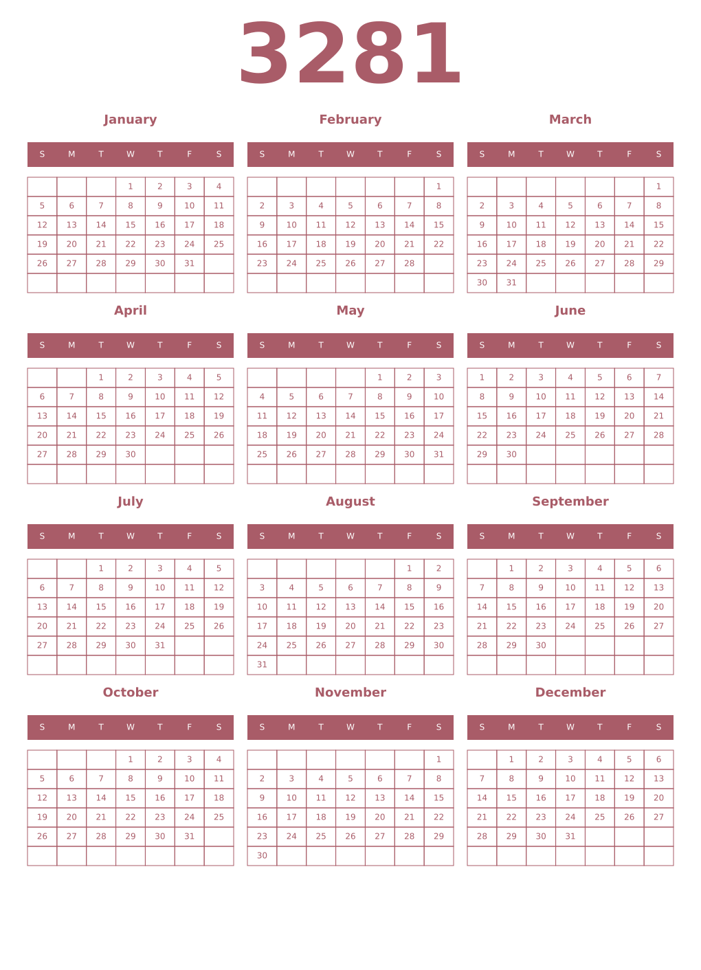 Printable 3281 Year Calendars puce