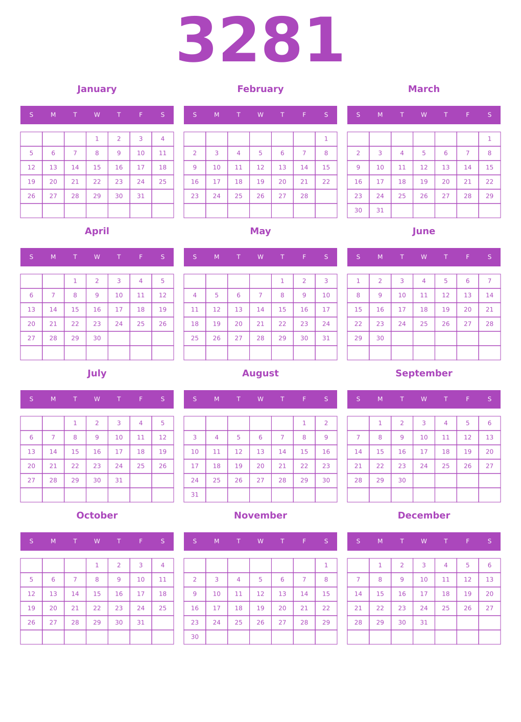 Printable 3281 Year Calendars purple