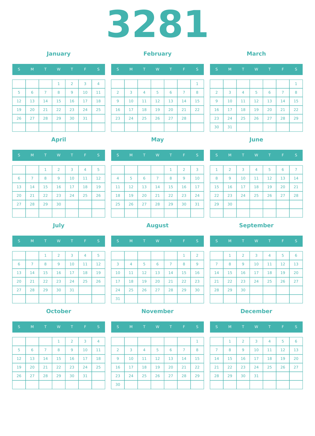 Printable 3281 Year Calendars verdigris