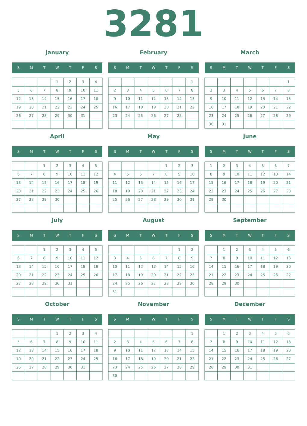 Printable 3281 Year Calendars viridian