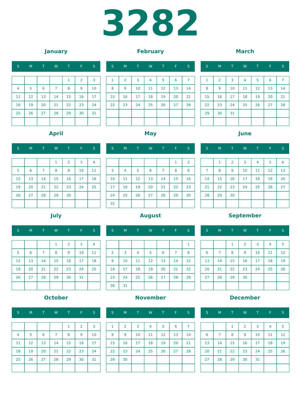 Printable 3282 Year Calendars pastel