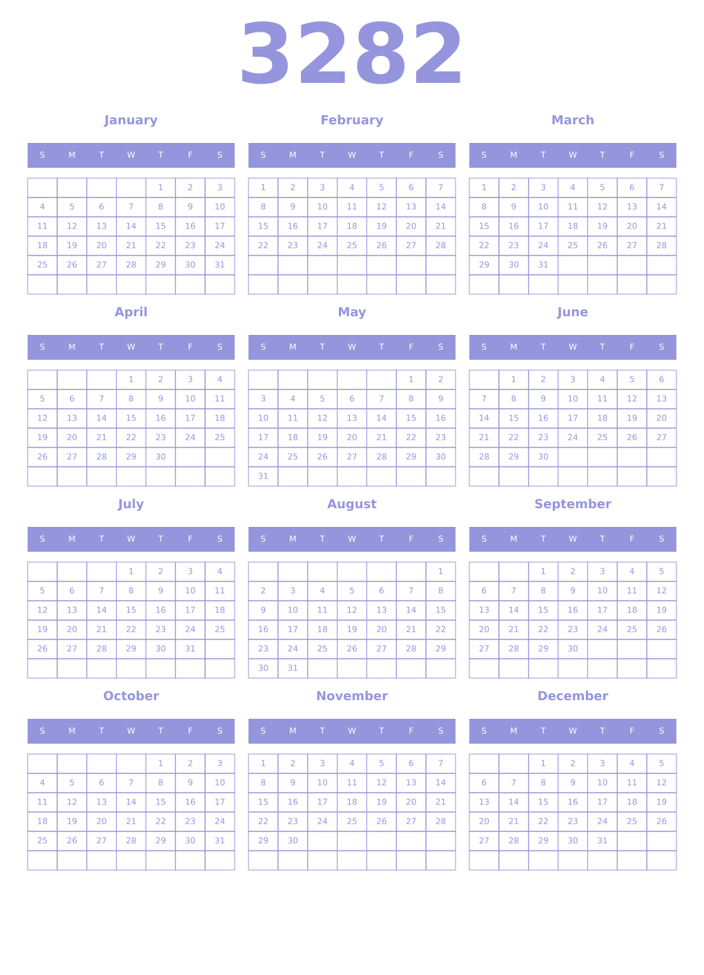 Printable 3282 Year Calendars periwinkle