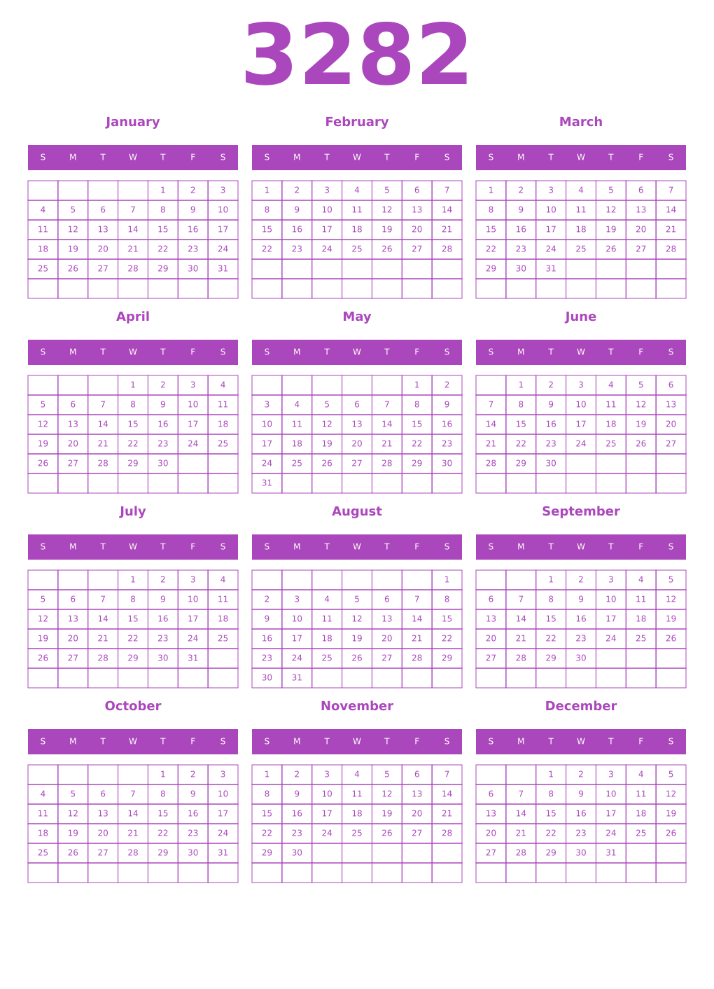 Printable 3282 Year Calendars purple