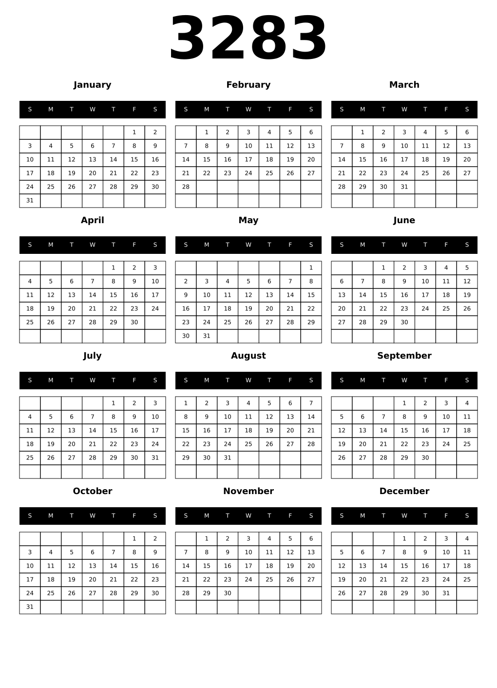 Printable 3283 Year Calendars black