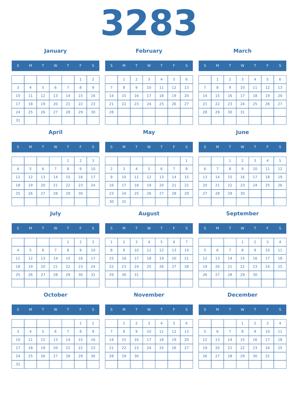 Printable 3283 Year Calendars blue