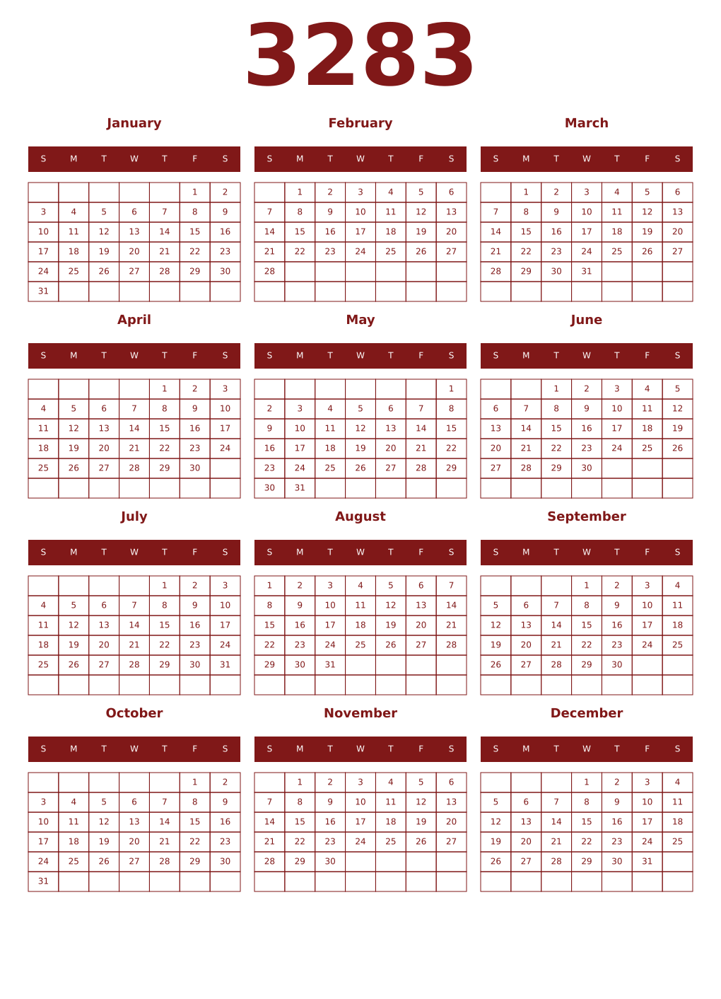 Printable 3283 Year Calendars falu